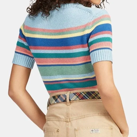 Polo Ralph Lauren Sky Blue Sun Bleached Multi Stripe Short Sleeve Sweater - Picture 7 of 16
